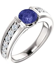 14K White Gold 6.00mm Round Cut Tanzanite and Diamond Ring -- LIFETIME WARRANTY
