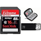 SanDisk Extreme HD Video / Camera Memory Card SD SDHC 16GB 16G 16 GB 30MB/s Class 10 With Bonus Memory Card Wallet and High Speed Reader