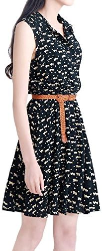 MAKIYO Women's Cat Footprints Sleeveless Lapel Collar Dress skirt(S)