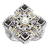 925 Silver, Freshwater Pearl & Onyx Cross Ring with 18k Gold Accents- Sizes 6-8