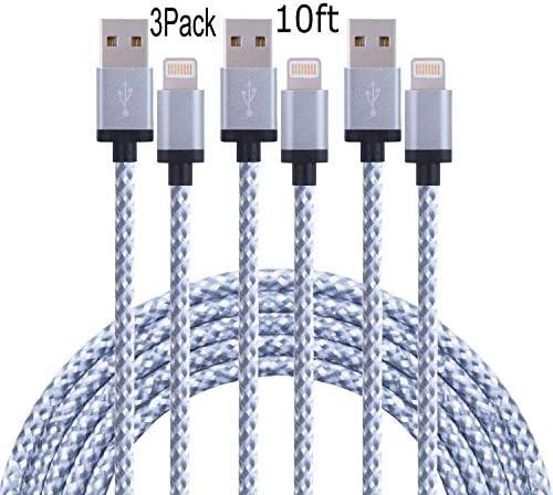 Suplink 3pack 10FT Extra long Cord 8 Pin Lightning to USB Charging Cables for iPhone SE/6/6s/6 plus/6s plus,5c/5s/5,iPad Pro/Air/Mini, iPod Nano/Touch (gray white)