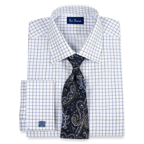 Cheap Discount Paul Fredrick 100% Cotton Satin Grid Windsor Collar French Cuff Dress Shirt