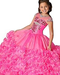 Girls Scoop Neck   Lace  Full Length  Ball Gown Pageant Dress  With Rhinestones and Ruffles