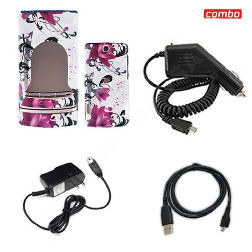 Nokia Mural 6750 Combo Touch Red Flower on White Cover Protective Case Faceplate Cover + USB Data Charge Sync Cable + Rapid Car Charger + Home Wall Charger for Nokia Mural 6750