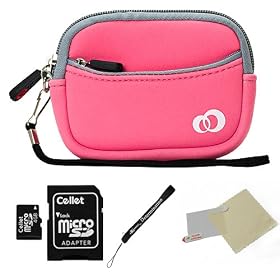 BABY PINK WITH GRAY TRIM Neoprene Protective Durable Mini Glove Pouch For Sony Alpha Series NEX-5 / NEX-C3 Point And Shoot Digital Camera + Includes a 4GB Micro SD Card with SD Adaptor + Includes a Universal Anti-Glare Screen Protector Guard + Includes an eBigValue TM Determination Hand Strap