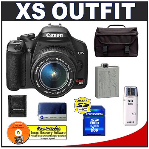 Canon Digital Rebel XS 10.1MP Digital SLR Camera (Black) + Canon EF-S 18-55mm IS Lens + Spare LP-E5 Battery + 8GB Card + Gadget Bag