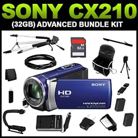 Sony HDR-CX210 High Definition Handycam 5.3 MP Camcorder with 25x Optical Zoom (Blue) (32GB Advanced Bundle Kit) includes Charger, x2 Batteries, 32GB SD Memory, Carrying Case, Full Size Tripod, HDMI Cable, Mini Tripod, Monopod, Video Light Kit, Grip Handle, Card Reader, Card Wallet, Cleaning Kit - (