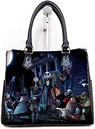 Female PU Leather Barrel Type Handbags Top Handle Bags Purse with The Nightmare Before Christmas Print.