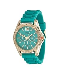 Geneva Platinum 7846 Womens Decorative Chronograph Rhinestone-accented Silicone Watch-TEAL/GLD
