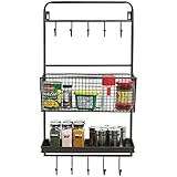 Country Rustic All-in-1 Wall Mounted Black Metal Wire Kitchen Spice Rack & Cookware Hanger / Entryway Mail Sorter Basket & Coat Hooks / Bathroom Toiletries Bin & Towel Hanger