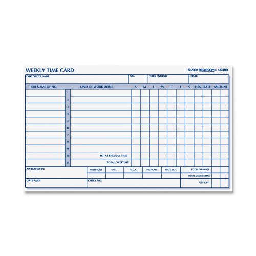 Rediform Employee Time Card Weekly 4 25 x 7 Inches 100 per Pad 4K409B0006HVG9Q