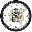 Tennis Montage - Racket, Balls, Net, Court - Tennis Theme Wall Clock by WatchBuddy Timepieces (Black Frame)