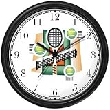Tennis Montage - Racket, Balls, Net, Court - Tennis Theme Wall Clock by WatchBuddy Timepieces (Black Frame)