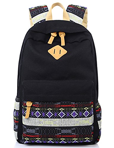 Leaper Casual Style Lightweight Canvas Backpacks School Backpack (Large, Black+Flower)
