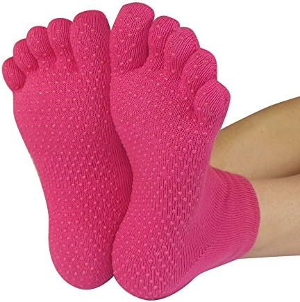 Grip Socks for Yoga, Pilates - Non Slip, Five Toe Ankle High (Bright Pink, Pack of 2)