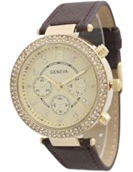 Womens Geneva Dual Stone Leather Watch - Brown