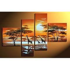 Giraffe Afrika M3 - 4 Bilder Bild ca.100x70 Handgemalt - fertig gerahmt auf Keilrahmen. Lounge Bild mit Bilderrahmen. Kein Poster oder Plakat sondern Handgemaltes Leinwandbild als Wandbild mit Rahmen. Das ideale Geschenk!
