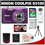 Nikon Coolpix S3100 14.0 MP Digital Camera (Purple) with 8GB Card + Battery ....