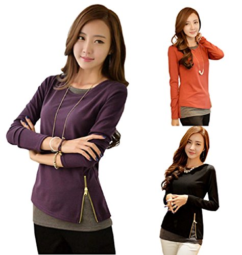 【ARINCO】 サイド ジッパー 長袖 カットソー 重ね着風 レディース スプリング 3色 選べる サイズ S M L XL XXL