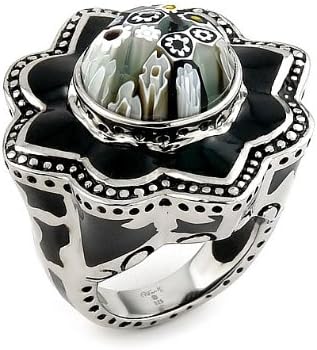 Exquisite Collection Faceted Black and White Murano Glass Flower Ring - Size 8
