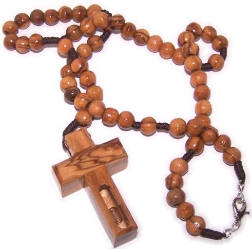 Olive wood Rosary necklace with special Cross containing Jordan Water - With Certificate ( 13 inch long )