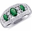 14Kt White Gold Three Stylish Almond Emerald and Diamond Ring