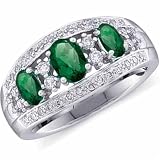 0.33 Ct.T.W. Round Brilliant Cut Diamonds, Three Oval Shape Green Emerald, 14Kt. White Gold Ring