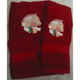 Embroidered Christmas Horse on Dark Red Bath Towel