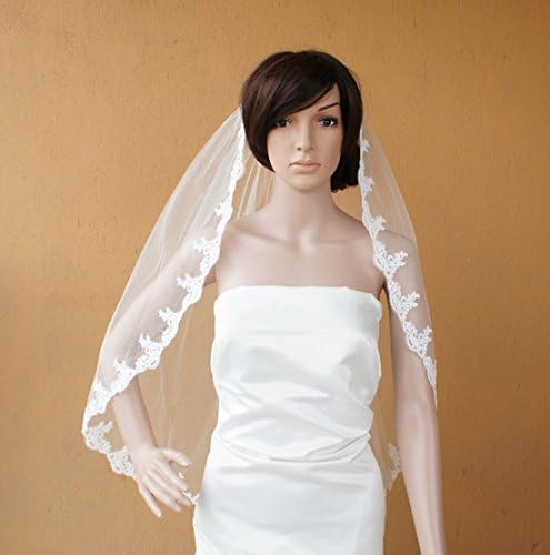 One Tier Ivory and White Fingertip Tulle Bridal Wedding Veil Lace Applique Edge with Comb-V33