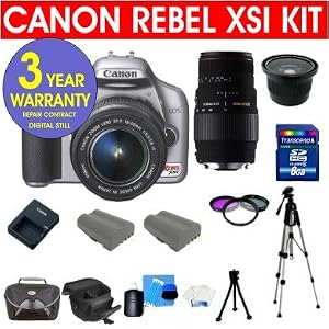 13 13 Piece Deluxe Kit with Canon EOS Rebel XSI 12.2 MP Digital Camera (Silver) w/ 18-55mm IS Lens Kit + Sigma 70-300MM Macro Zoom Lens + High Definition .40X Super Wide Fisheye Lens + High Capacity Li-Ion Battery + 8 GB Memory Card + 50