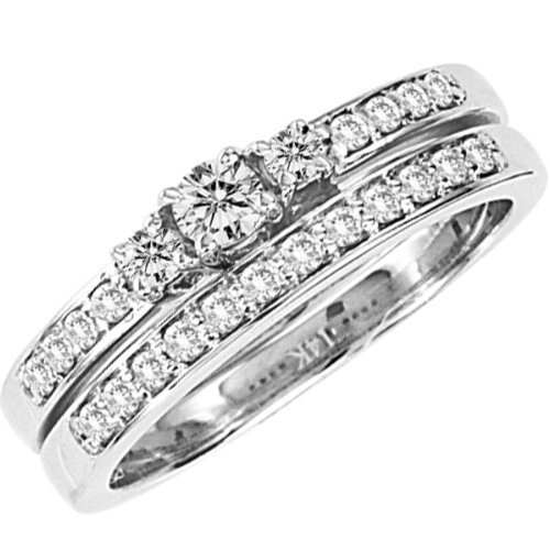 14k White Gold Engagement Round Diamond 3 stone Engagement Bridal Ring Set 1/2 CT (0.50 Ct tw, H-I Color, I1-I2 Clarity)