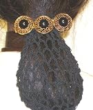 Hand Crocheted Black Rayon Cotton Gimp Small Dress Snood Mounted on French Barrette with Three Antique Gold with Onyx Pearl Buttons Hair Clip
