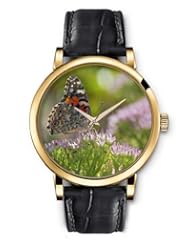 SPRAWL Aanalog Fashion Series Gold Ladies Watches of Genuine Black Leather Strap,Unique Wrist Watch for Women Girls Designed with Butterfly on pink flowers
