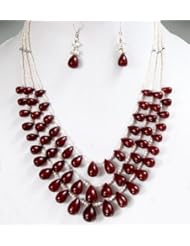 3 Strands Natural Beautiful Handcrafted Pearl & Ruby Drops Beaded Necklace with Free Earrings