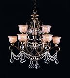 Crystorama Golden Teak Crystal Draped on a Wrought Iron Chandelier Handpainted with a Amber Glass Pa