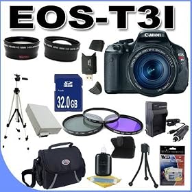 Canon EOS Rebel T3i 18 MP CMOS Digital SLR Camera and DIGIC 4 Imaging with EF-S 18-55mm f/3.5-5.6 IS Lens +58mm 2x Telephoto lens + 58mm Wide Angle Lens (3 Lens Kit!!!!!!) W/32GB SDHC Memory+ Extra Battery/Charger + 3 Piece Filter Kit + Full Size Tripod + Case +Accessory Kit!