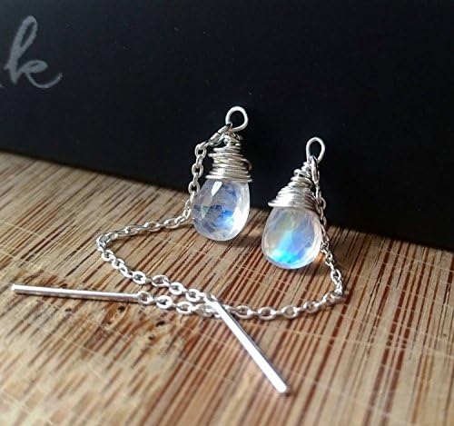 Rainbow moonstone earrings - ear threaders - threader earrings - silver chain earrings - rainbow moonstone jewelry - silver ear threads - chain earrings - moonstone earrings