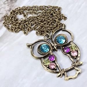 Vintage Retro Bronze Colorful Crystal Rhinestone Alloy Owl Pendant Necklace