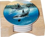 CounterArt Orca Cove Design Round Absorbent Coasters in Wooden Holder, Set of 4