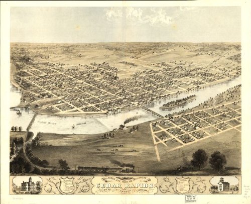 Birds eye view of the city of Cedar Rapids and Kingston, Linn Co., Iowa 1868. Drawn by A. Ruger., large historic panoramic map reprint 44x36