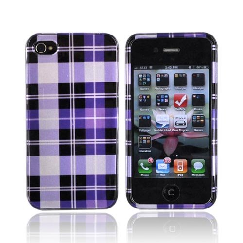 For Apple iPhone 4 Hard Case PLAID PURPLE BLACK SILVER
