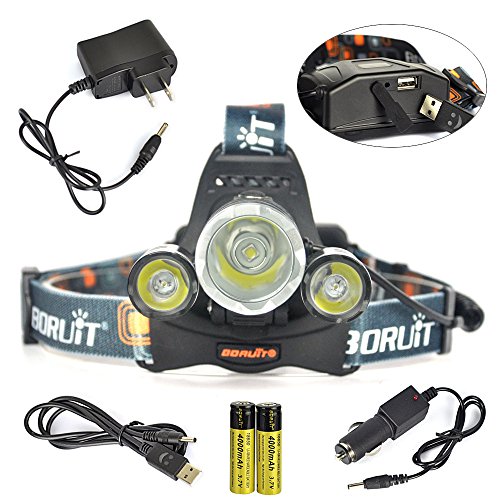 Boruit LED 5000 Lumens Super Bright Headlamp 4 Modes 3x XM-L2 T6 -USB Output- with Rechargeable Batteries ,Wall & Car Charger ,USB Charging Cable for Camping,Hiking,Reading,Bike,Hunting&Fishing