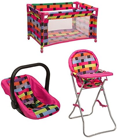 3 in 1 doll furniture set, car seat or infant seat / Pack n Play with blanket and carry bag / High Chair