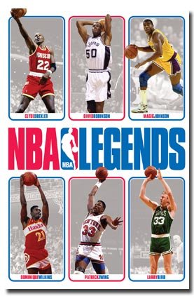 NBA Legends (Clyde Drexler, David Robinson, Magic Johnson, Dominique Wilkins, Patrick Ewing, Larry Bird) Sports Poster Print - 24