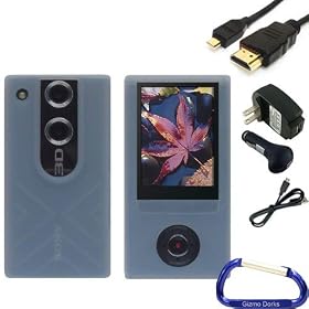 Gizmo Dorks Silicone Skin Cover (Clear White), HDMI Cable, and Charging Bundle with Carabiner Key Chain for the Sony 3D Bloggie HD Camera MHS-FS3