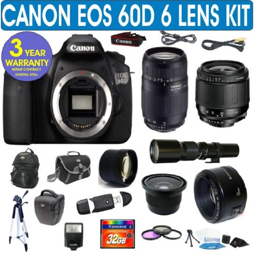 Cheap Canon EOS 60D + Tamron 28-80mm Lens + Tamron 75-300mm Lens + 500mm Preset Lens + Canon 50mm Lens + .40x Fisheye Lens + 2x Telephoto Lens + 3 Year Celltime Warranty Repair Contract