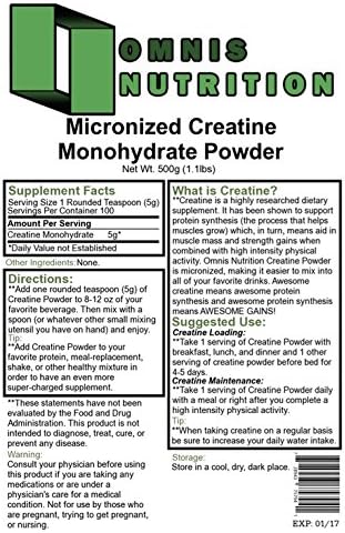 Creatine Monohydrate 500g (1.1 lbs), Omnis Nutrition Micronized Creatine-Monohydrate Supplement, 99.99% Pure. Best for Bodybuilding & Weightlifting, Effectively Build Muscles, Boost Stamina & Strength, No Lumps & Grit, Factory Sealed
