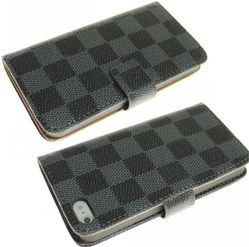 1x Newest Style Luxury DELUXE Grid wallet Checker Pattern Flip Cover Leather Case for New APPLE IPHONE Plus 5.5" 6 6G LV68 WHITE BROWN BLACK GREY (Black)