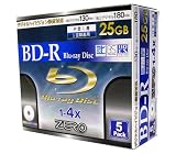 ZERO Blu-ray25GB一回録画用 ワイドホワイトプリンタブル 1-4倍速スリムケース1枚入りX5枚 ZBR25-4X5PWの画像