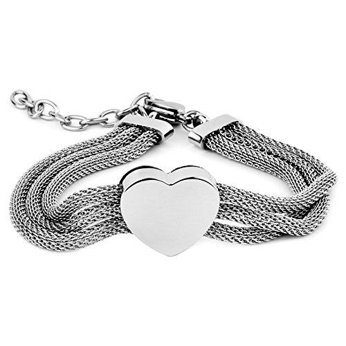 ELYA Stainless Steel Three Mesh Strands with Polished Heart Bracelet - 7.5